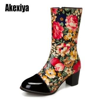 

2020 Women Mid-Calf Boots Large size 34-43 High heels fashion Retro Print Ladies Shoes Round toe High Heels w070