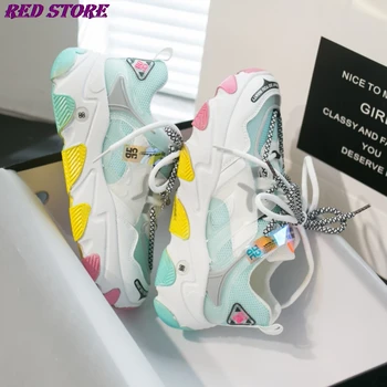 

Ulzzang Fashion Sneakers Woman Yellow Chunky Casual Shoes Platform Designers Female Mesh Women Vulcanized Shoes 2020 Trainers