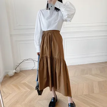 

Fashion Women Asymmetrical Midi Skirt High Waist Female Ruffles Skirts With Buttons Wild Stylish