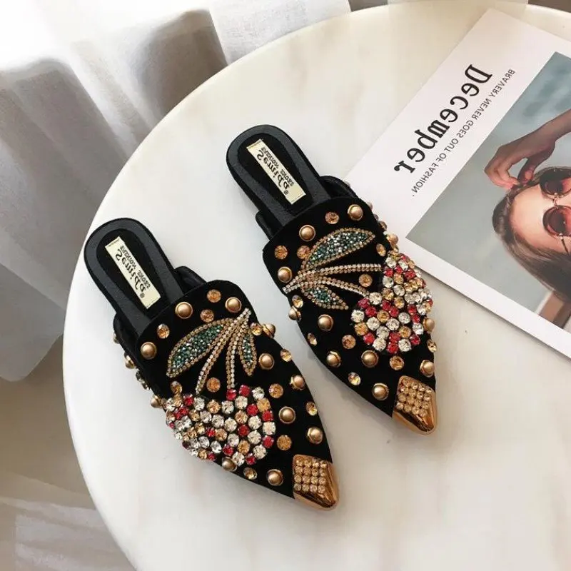 

Women Slipper Pointed Toe Crystal Flower 2018 Spring Female Luxury Half Slippers Lady Outside Wear Slides Woman Slippers