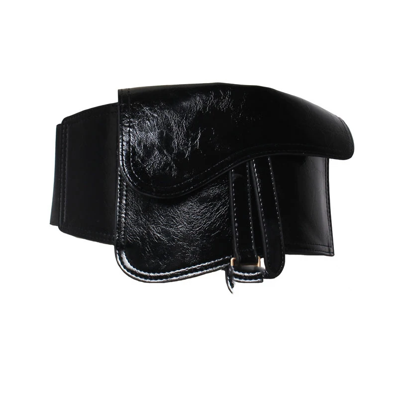 

Wide Elastic Waistband Women Saddle Bag Runway Design Belt Vintage Metal Buckle Luxury Dress Belt For Women Black PULeather 2019