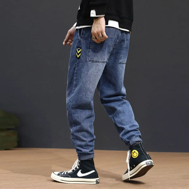 Black Friday Japanese Fashion Men Jeans Loose Fit Patches Designer Elastic Harem Pants Blue Gray Streetwear Hip Hop Jeans Men Pencil Pants