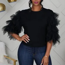 Мода Черный Тюль оборками Половина рукава женский топ на заказ Многоуровневая мода Blusa Feminina блузка