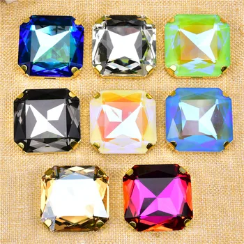 

High-quality rhinestone Big size 45mm square Super flash glass gold base sew on claw crystal rhinestones,apparel accessories