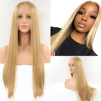 

Bombshell Synthetic Straight Golden 13*3 Lace Front Wig Without Glue Heat-Resistant Fiber Natural Hair Suitable For Female Wigs