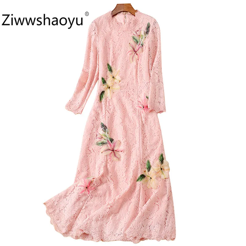 

Ziwwshaoyu Women's Autumn Pink Lace Mermaid Dress O-Neck 3/4 Sleeve lily Beading Applique Elegant Party Midi Dress
