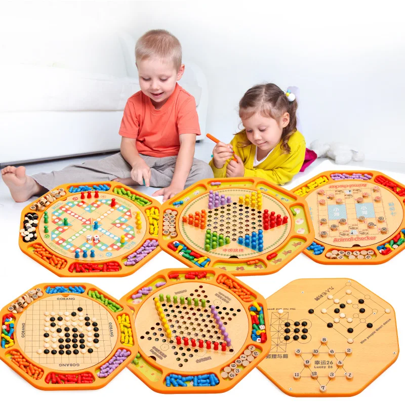 MWZ Educational Toy Checkers Aeroplane Chess Twelve One Chessman Children Wooden Building Blocks Toy