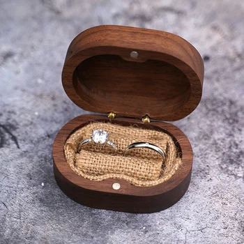 

Portable Black Walnut Earrings Necklace Jewellery Organizer Gift Retro Dressing Table With Magnet Buttons Double Ring Box Oval