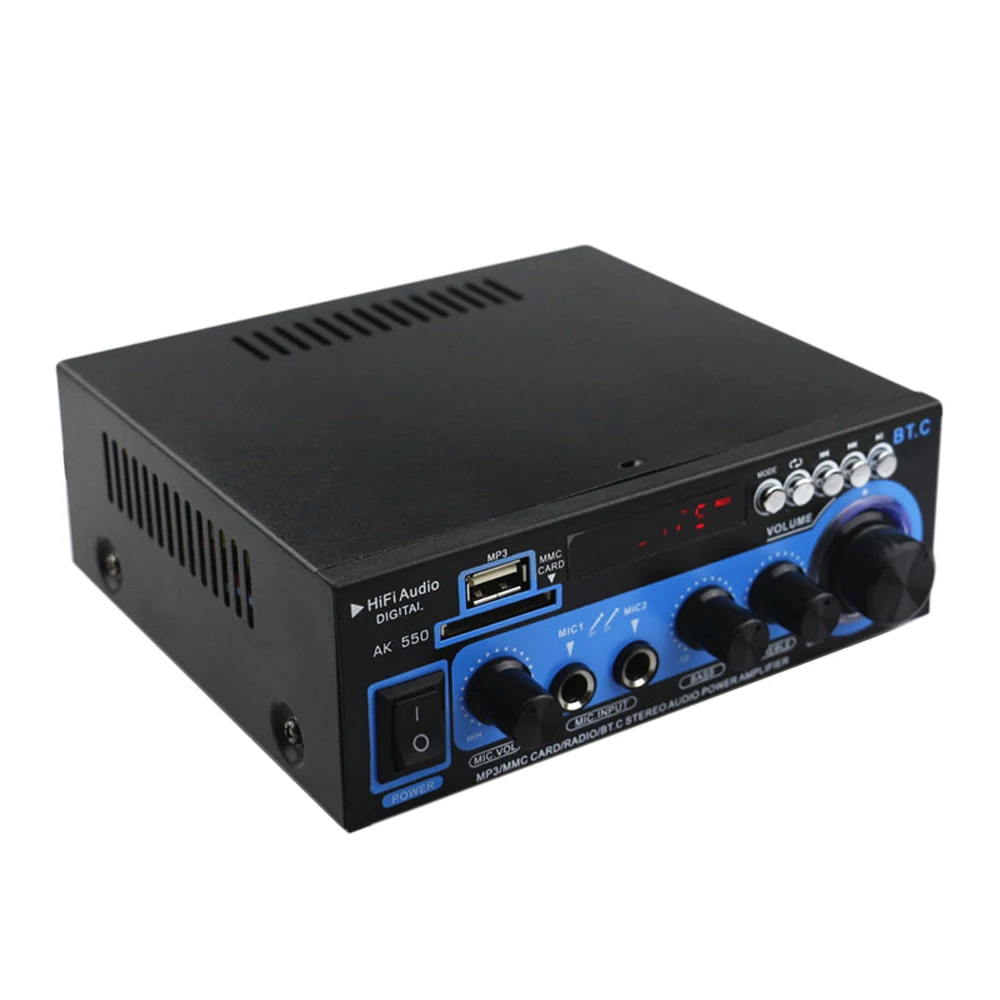 Мини аудио усилитель мощности BT цифровой аудиоприемник AMP слот USB SD MP3 плеер FM радио ЖК-дисплей двойной микрофон вход для домашнего использования