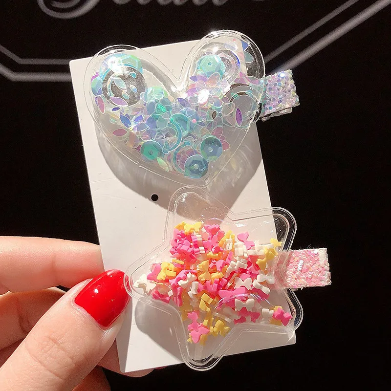 Cute Children Hair Clips Transparent Shiny Sequins Hairpins Stars Heart Geometric Barrettes Hairgrips Girls Princess Headwear