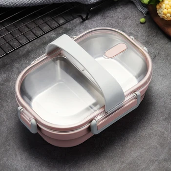 

Food Container School With Carry Strap Stainless Steel Leak-proof Storage Kitchen 2 Grids Kids Lunch Box Students Portable