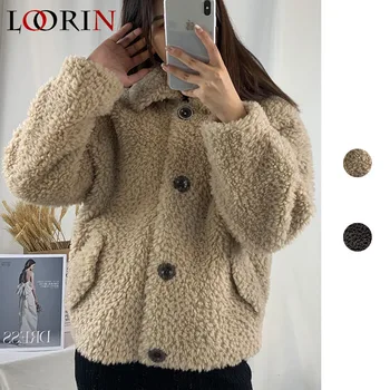 

LORIN Women WOOL Coat Female Turn Down Collar Winter Warm Fur Lady Coat Casual Jacket