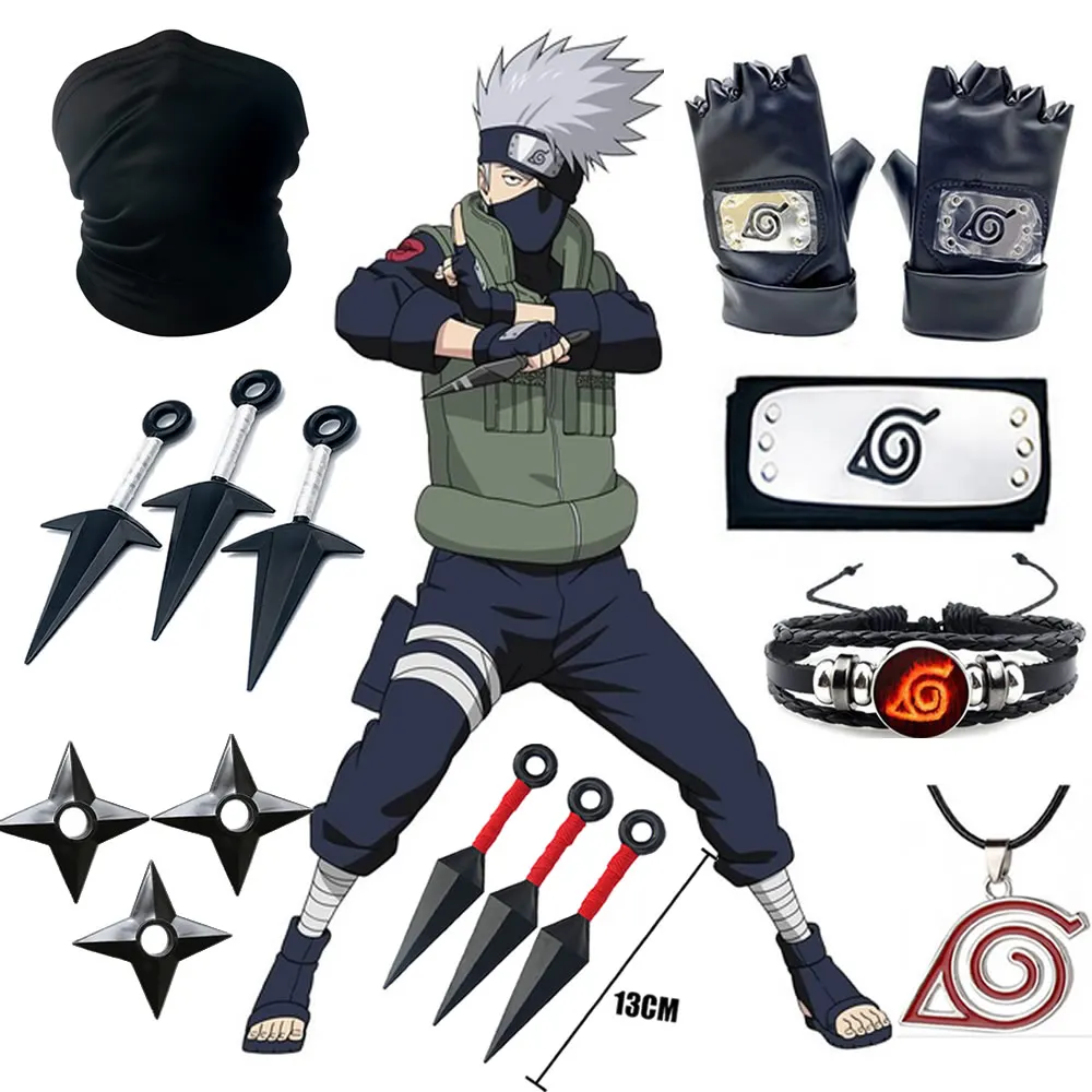 5pcs Naruto Anime Cosplay Costume Kakashi Gloves Kunai Headband Weapon Mask  Set