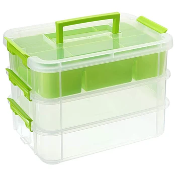 

3-Tiers Stack Carry Storage Box with Divided Tray, Transparent Stackable Storage Bin with Handle Lid Latching Green