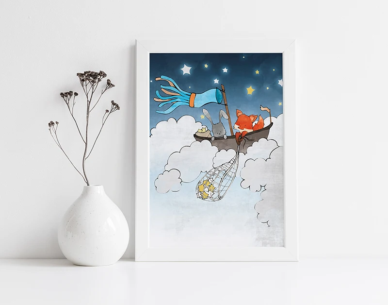 Fox and Rabbit Art Print - Catching Stars Illustration Nursery Animal for Kids Room Clouds | Дом и сад