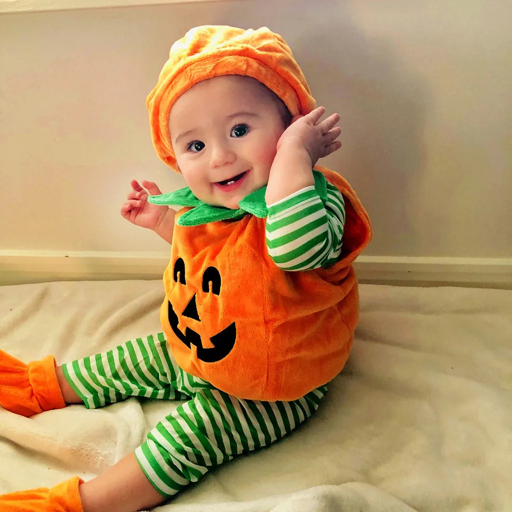 Детский комбинезончик на Хэллоуин из 3 предметов; маскарадный детский безрукавный комбинезон с принтом тыквы для малышей; комбинезоны; топы+ шапки+ туфли; вечерние костюмы