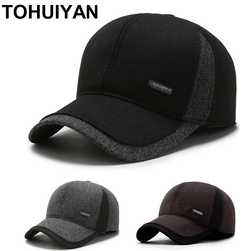 

TOHUIYAN Classic Woolen Baseball Caps Men Warm Hat Autumn Winter Earflaps Cap Outdoor Windproof Dad Hats Male Casquette Snapback