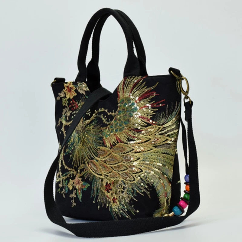 Online Shiny Pailletten Pfau Gestickte Frauen Leinwand Totes Tasche, Sommer Shopping Schulter Tasche Vintage Perlen String Handtasche Schwarz