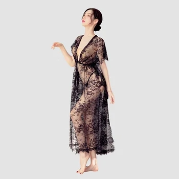 

Lace Long Nightgowns Deep V-neck Slit Night Dress Womens See-though Sleepwear Ladies Long Gowns Black Hollow Nightwear Nighties