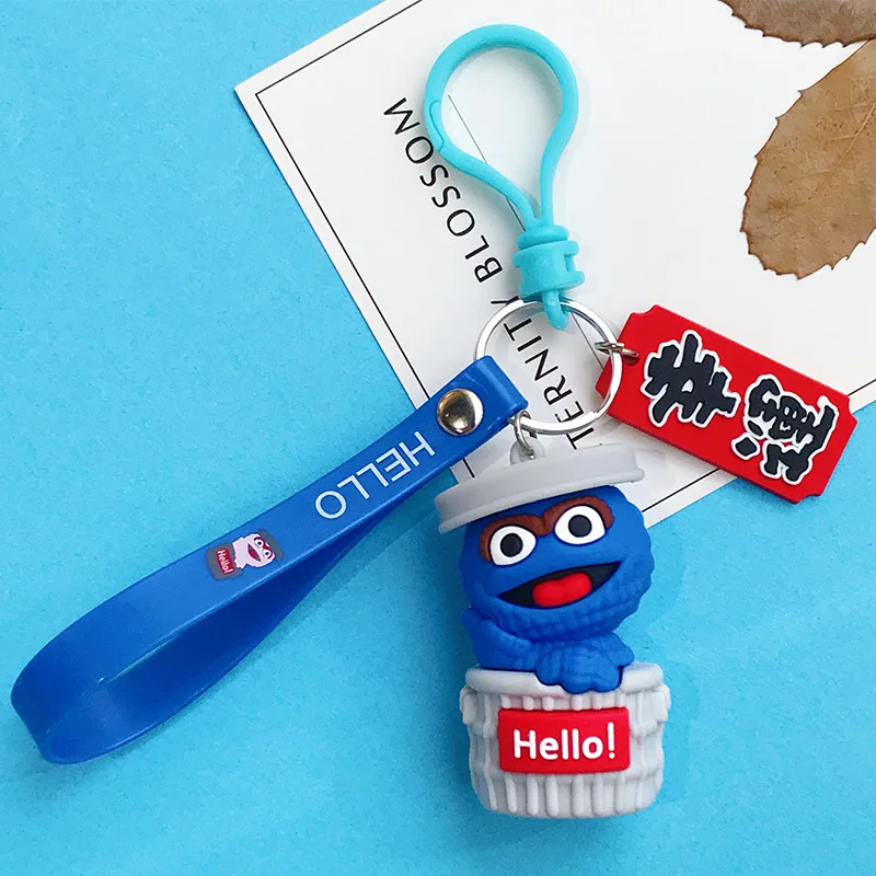 Fashion trends Sesame street cup Keychain Cartoon silicone leather key chain women Bag Pendant Figure Toys for kids gift