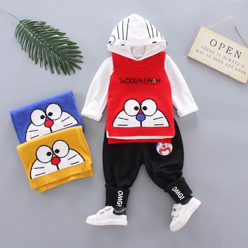 

BOY'S Baby Spring New Style Sweater Waistcoat Hooded Pullover Hoody Underwear Cartoon Jingle Cats Three-piece Set
