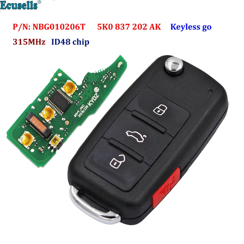 3 + 1 кнопка дистанционный ключ без ключа-go 315 МГц ID48 чип Fob для Volkswagen 2011-2017 P/N: NBG010206T