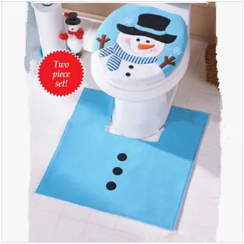 

New Arrive 1Set Blue Fancy Snowman Toilet Seat Cover And Rug Bathroom Set Christmas Decoration