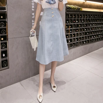 

Spring Summer 2020 Midi A-Line Skirts Womens Button High Waist Long Skirt Knee-Length OL Style Umbrella Skirts Saia Female