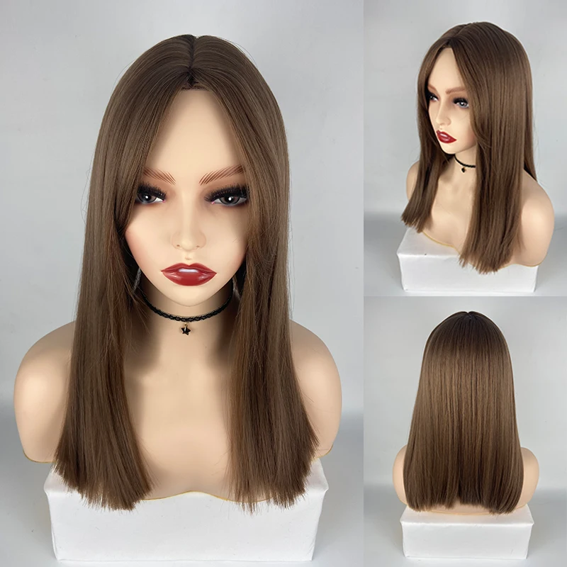 Medium Straight Hair Synthetic Wig Daily Wear Non-Reflective Black Light Brown For Women Heat-Resistant |