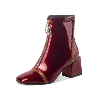 

Autumn Winter ladies Ankle Boots Genuine Leather Concise zippers Thick high Heels Shoes Woman Party Working Boots woman
