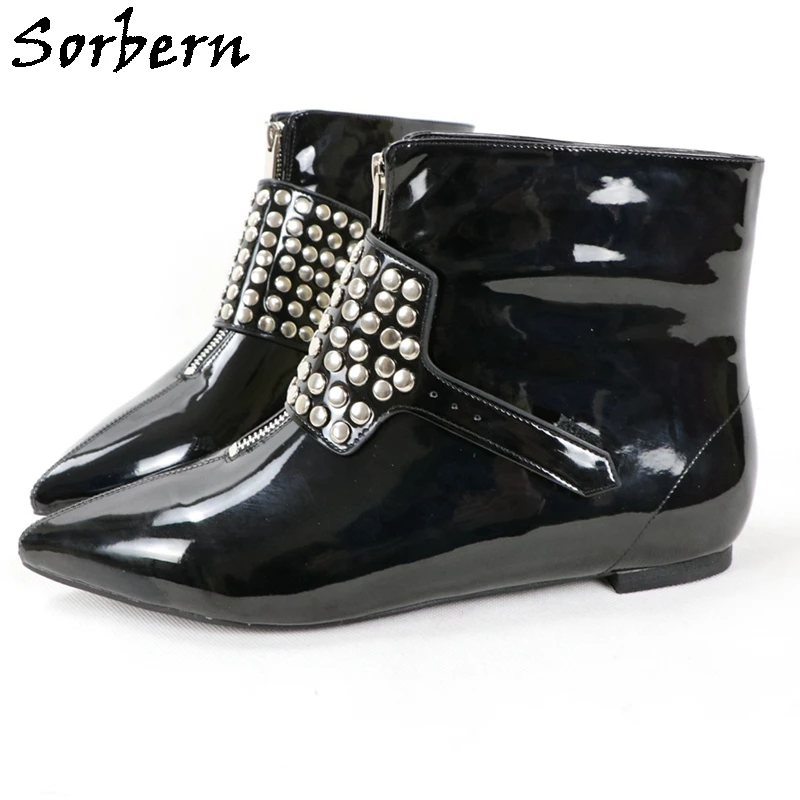 Sorbern Custom Cosplay Shoes Low Heels Pointed Toe Rivets Front Zipper Goth Style Shoes Unisex Big Size Us5-18