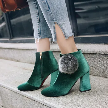 

2018 High Hoof Heels Fashion Ankle Boots for Women Green Black Red Fur Ball Fashion Ladies Shoes Plus Size Winter Bootie