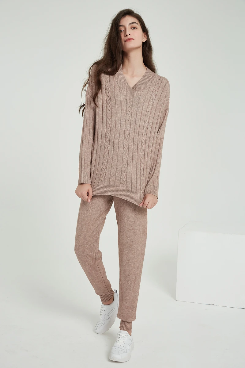Wixra, женские комплекты свитеров, свободные свитера с v-образным вырезом, топы+ длинные вязаные штаны, одноцветные повседневные комплекты из 2 предметов на осень и зиму
