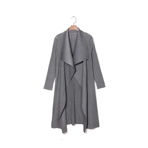 Grey Miyake плиссированный плащ, пожалуйста, отложной воротник, открытая стежка, Асимметричная Длина, однотонное длинное пальто, двухэтажная ветровка, новая осенняя - Цвет: Grey