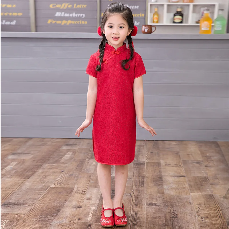 Princess Girls Dress Chinese Traditional Costumes Cheongsams Hanfu Tight Dragon&Phoenix Floral Kids Girls Kimono Satin Dress