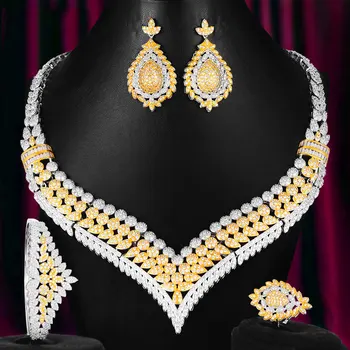 

New Trendy 4PCS Luxury Bicolor Geometric Jewelry Sets For Women Wedding African Indian Cubic Zircon Dubai Bridal Jewelry 2020