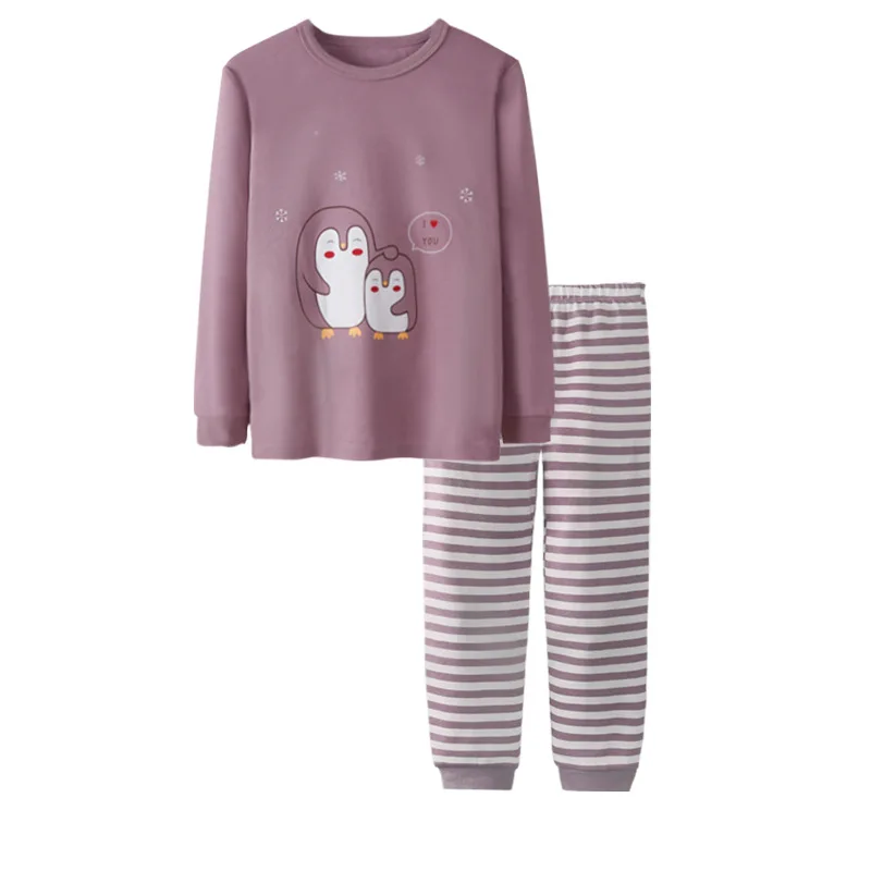 Осенняя одежда для детей 3-9 лет; детская одежда для сна для мальчиков и девочек; комплекты из футболки с длинными рукавами и штанов - Цвет: Purple Penguin