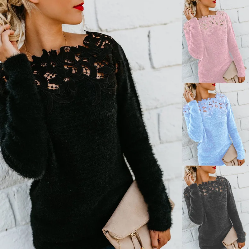 Women Slim Sweater Fashion Lace Tops Long Sleeve Pullover Plus Size O Neck Knitwear Floral Collar Winter Sweatshirt | Женская одежда