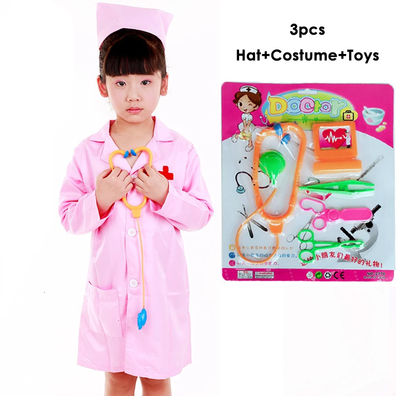 Детский костюм на Хэллоуин для врача для Медсестры Медицинский костюм для маленьких девочек и мальчиков, Детский день, больница, ветеринарные куртки шляпа, костюм для ролевых игр - Цвет: pink 3pcs