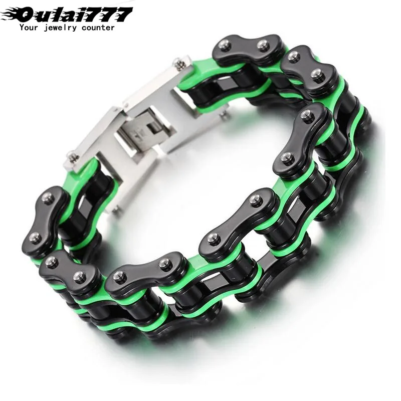 

oulai777 stainless steel men bracelet black green bicycle chain locomotive mens accessories punk male personality bracelets