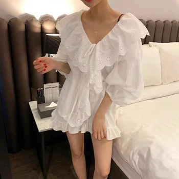 

VICONE Loose lantern sleeve, lotus leaf collar, fashionable and comfortable pajamas at home, two-piece net red suit