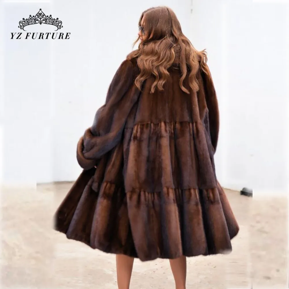 2021 New Real Fur Mink Coat With Warm Thick Fox Fur Collar Whole Skin  Nature Mink Fur Jackets Capped Winter Outwear