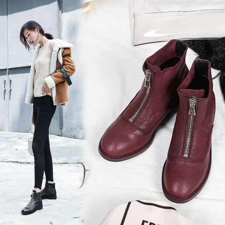 Martin boots before female leather zipper and thick with autumn winter round head locomotive sheepskin |