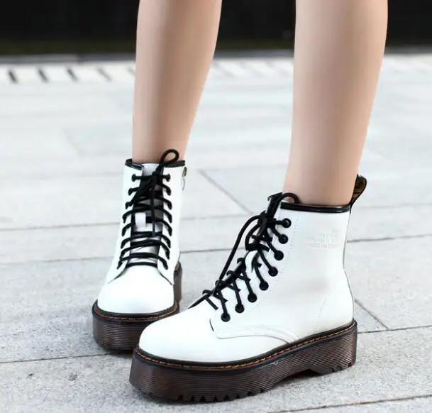 Fashion Women Motorcycle Ankle Boots Winter Casual Lace Up Leather Shoes Ladies Party Platform Black | Обувь