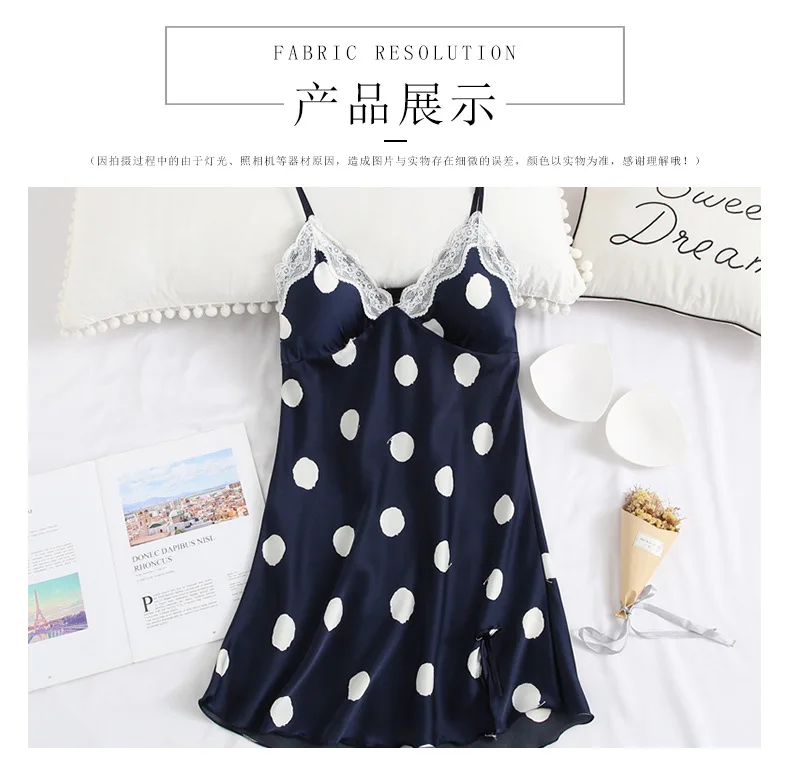 Women's-Strapped Dress Summer Viscose Thin Polka Dot Nightgown with Chest Pad Sexy Nightgown Tracksuit