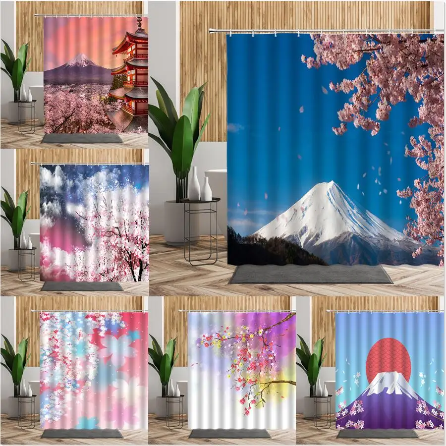 Fuji Scenic Bathroom Fabric Shower Curtain Set Cherry blossoms in full bloom Mt 