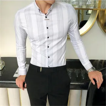 

Top Quality Shirt Men Spring Men Clothes 2019 Long Sleeve Men Shirt Slim Fit Striped Business Formal Wear Blouse Homme 3XL-M Hot