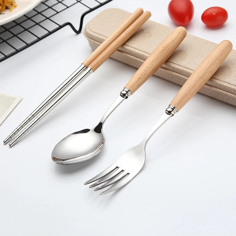 

3pcs Wooden Handle Stainless Steel Cutlery Student Set Portable Spoon Chopsticks Set West Dinner Set