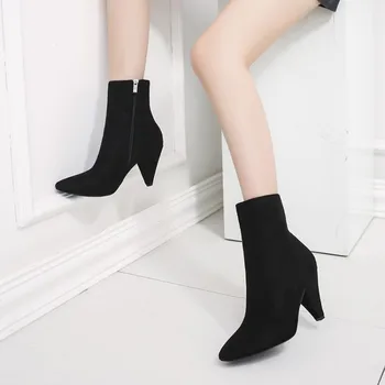 

2019 autumn new pointed thick with high heel ankle boots suede side zipper boots slim Martin boots