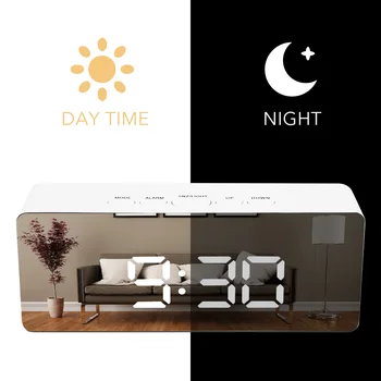 

LED Display Alarm Clock Fuctions Button Digital Mirror Desk Clock Temperature Calendar Snooze Function with USB